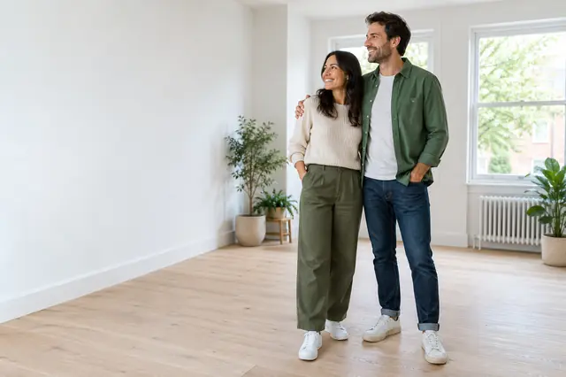 A couple standing arm in arm in a newly renovated room with white walls and new oak flooring