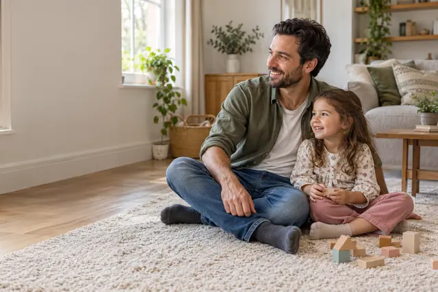 A father and his young daughter sitting on a soft, clean carpet with wooden blocks beside them
