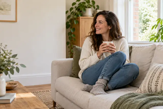 A smiling woman with a cup of tea on her sofa in a bright London living room