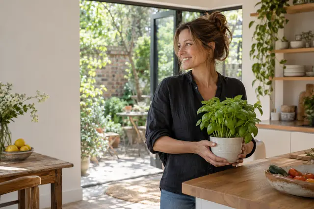 A woman holding a pot of basil in a garden flat kitchen with the doors open