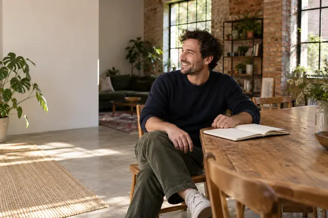 A man at a long wooden table in a converted warehouse flat with exposed brick