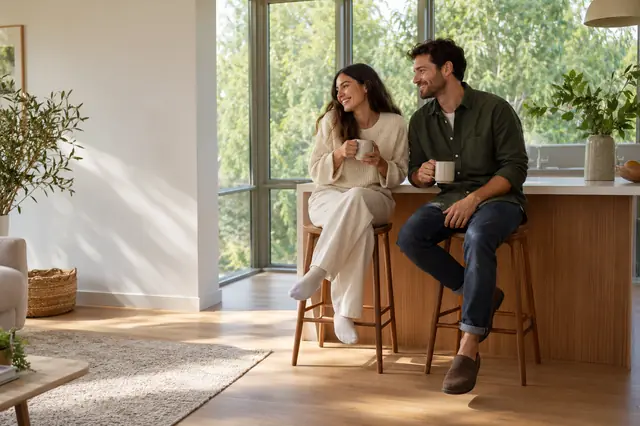 A couple with mugs at the breakfast bar of a new-build flat with tall windows onto trees