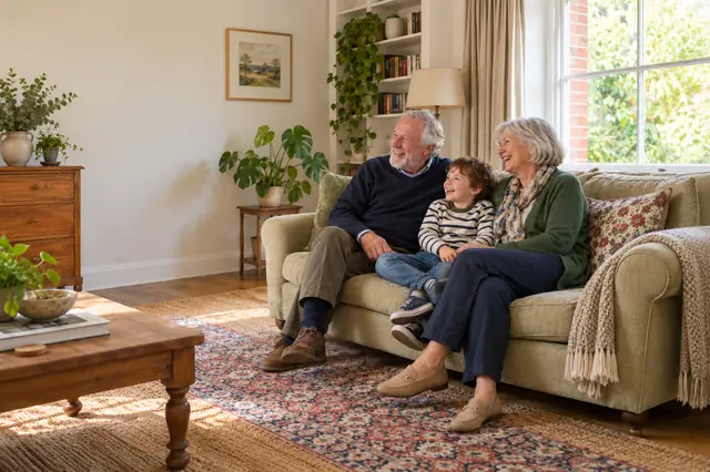 Grandparents and a small boy laughing on the sofa of a 1930s semi-detached house