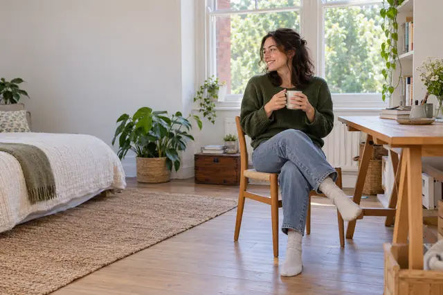 A student with a mug in a bright, tidy studio flat
