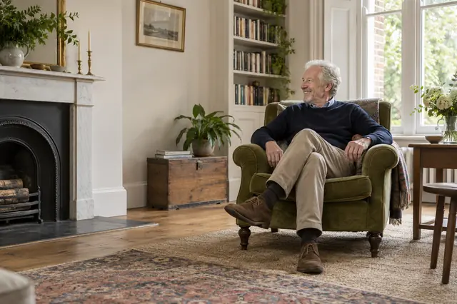 A man relaxing in an armchair in a Victorian terraced house with a period fireplace